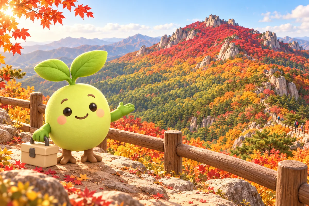 산 정상은 붉게 물들고 아래쪽은 아직 초록인 산을 전망대에서 루티가 바라보는 그림