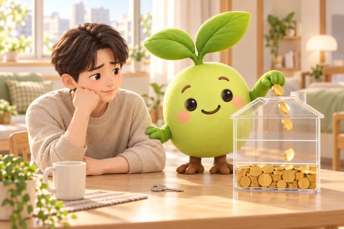 걱정하는 세입자 곁에서 루티가 세 칸으로 나뉜 투명한 집 모양 저금통에 동전을 넣어 맨 아래 칸을 채우는 그림