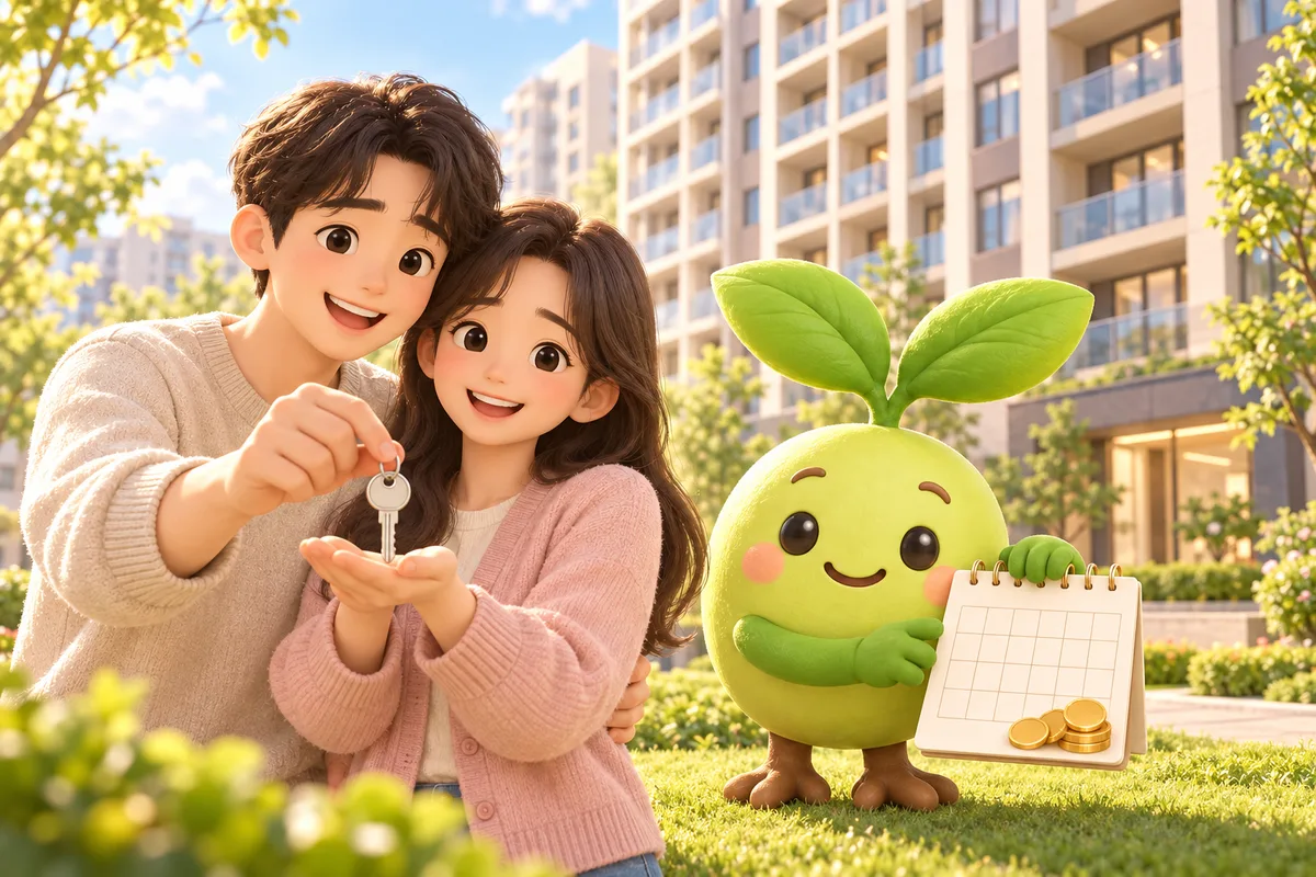 새 아파트 앞에서 열쇠를 든 젊은 부부 곁에 루티가 잔디밭에 서서 동전이 놓인 달력을 들고 있는 그림
