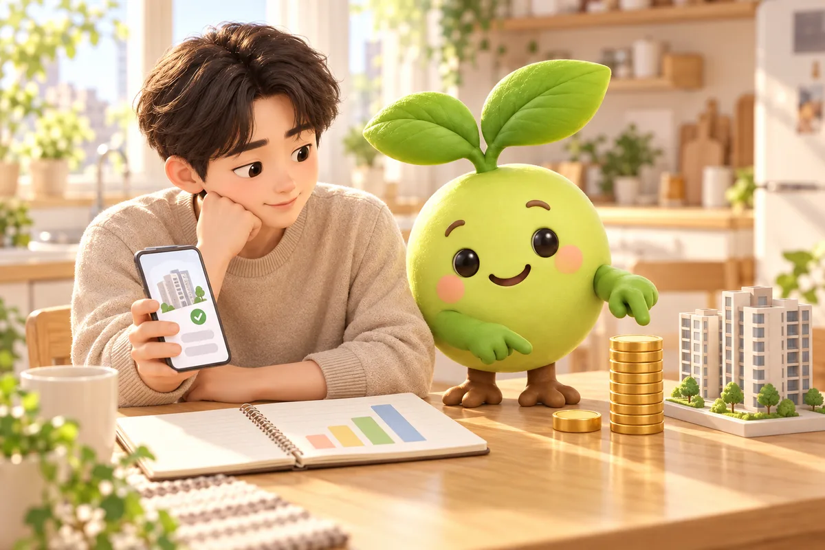 식탁에서 스마트폰 신청 화면을 든 사람 곁에 루티가 쌓인 동전과 아파트 모형 옆에 서 있고, 펼친 공책에 막대그래프가 그려진 그림